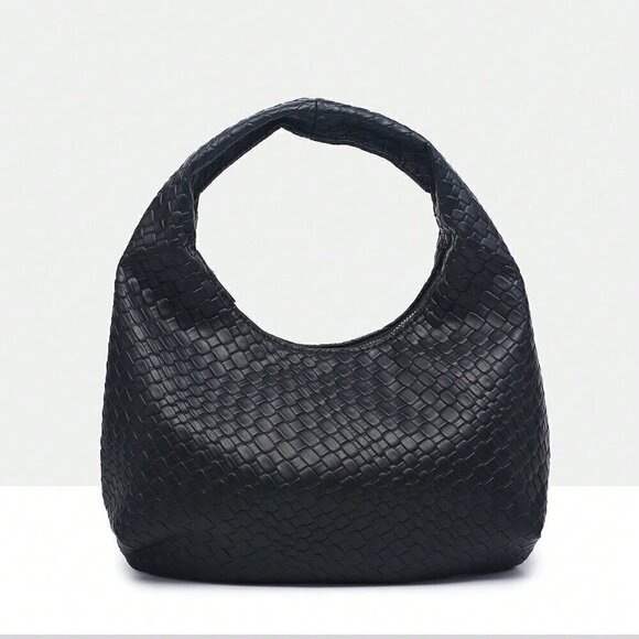 Black Casual Women's Leisure Faux Woven Leather Shoulder Bag - Picture 2 of 6